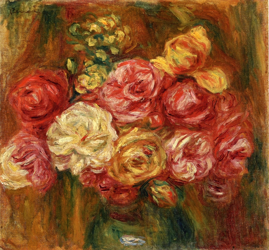 Bouquet of Roses in a Green Vase - Pierre-Auguste Renoir painting on canvas